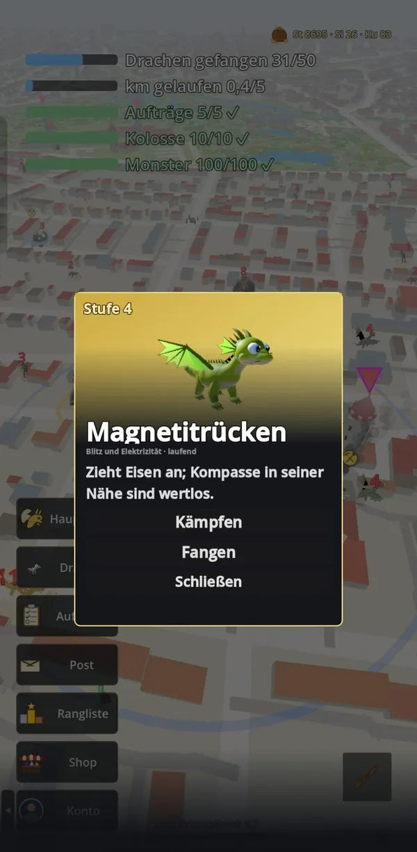 Bildschirmfoto der App: Auf der Karte erscheint der Drache Magnetitrücken, darunter die Knöpfe Kämpfen, Fangen und Schließen.